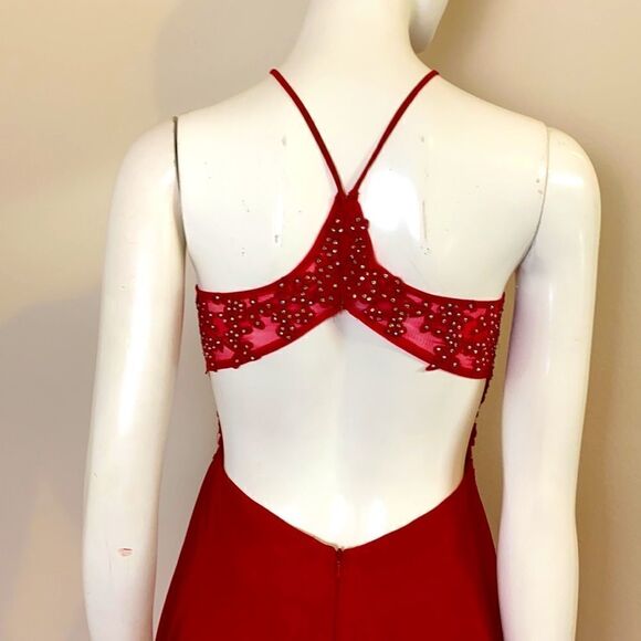 Red Formal Gown halter with Rhinestone Top and sheer panels Blonde Nites Sz 5 - Picture 4 of 7